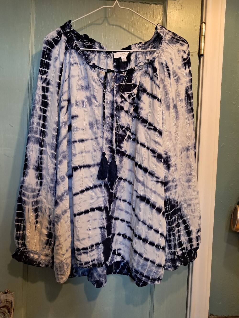 new directions Navy & White Tie-Dye Peasant Tunic with Tassels